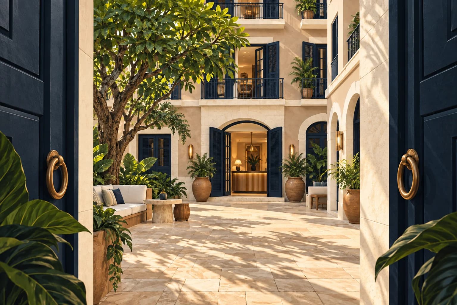 An imagined boutique hotel courtyard, seen through open navy doors