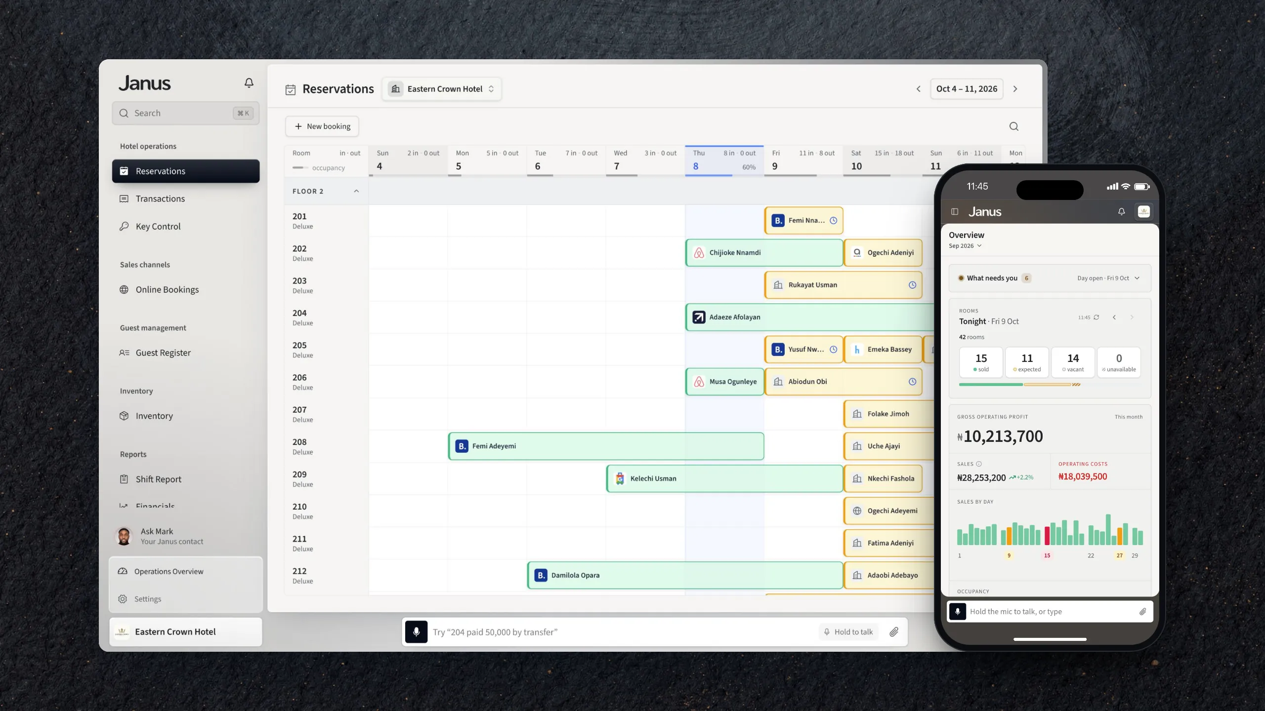 Janus at a sample hotel: the Reservations timeline on a laptop, each booking marked with where it came from, such as Booking.com, Airbnb or the hotel’s own desk, and the owner’s Overview on a phone, with the month’s gross operating profit of ₦10,213,700.
